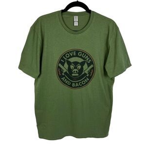 NEW I Love Guns and Bacon Green Cotton Short Sleeve Unisex Graphic Tee Men Large